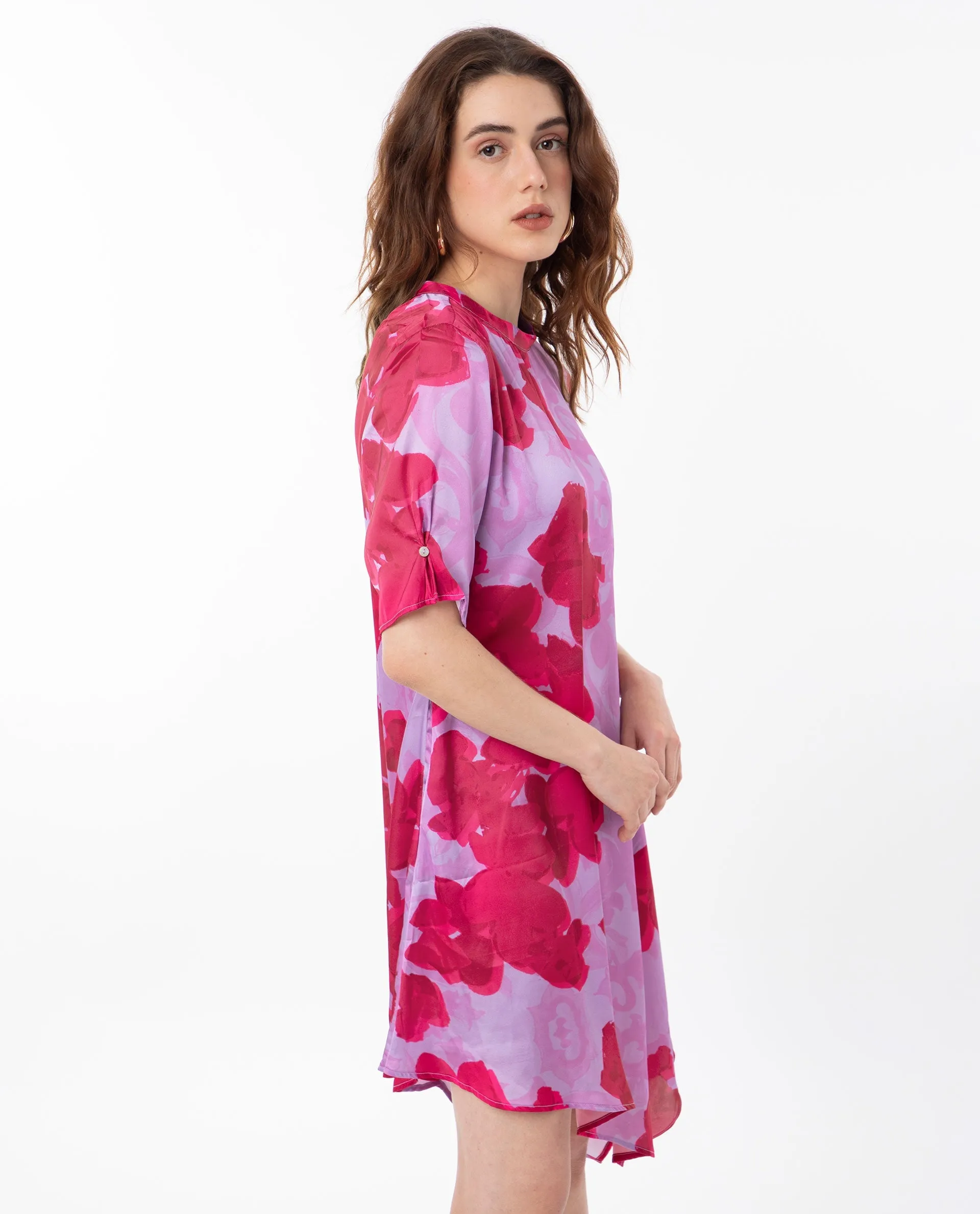 Rareism Women Fasan Light Purple Polyester Fabric Short Sleeves Zip Closure High Neck Relaxed Fit Floral Print Knee Length Asymmetric Dress