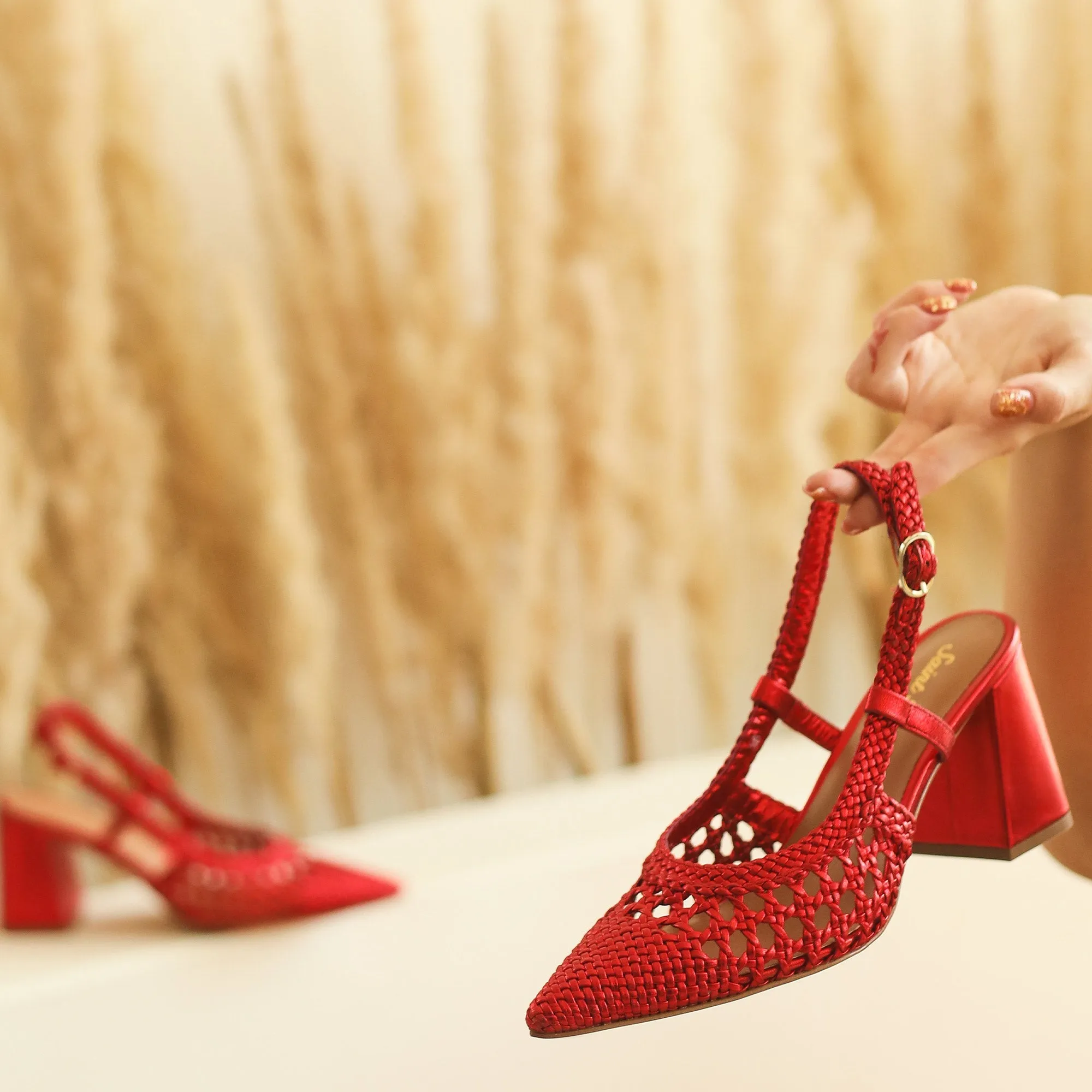 Saint Fabienne Red Metallic Hand Woven Leather Block Heels