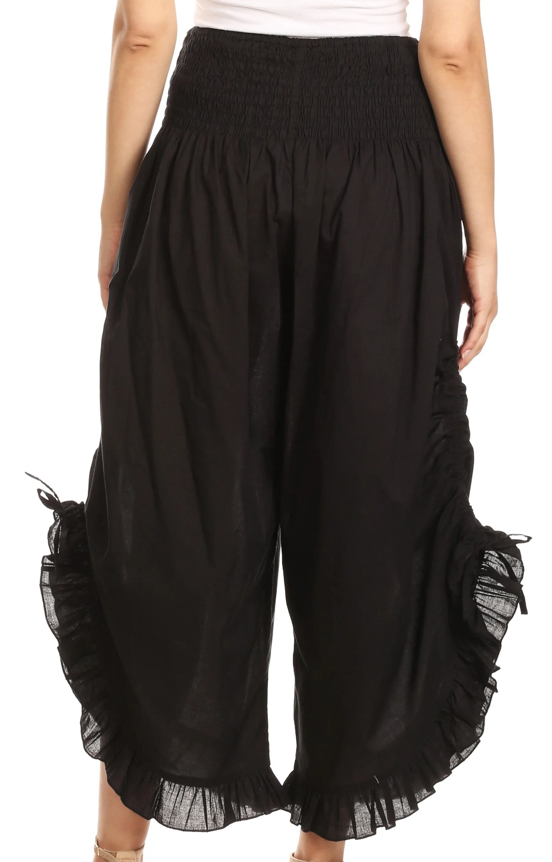 Sakkas Loore Womens Wide Leg Gaucho Pants Cotton with Pockets and Smock Waist