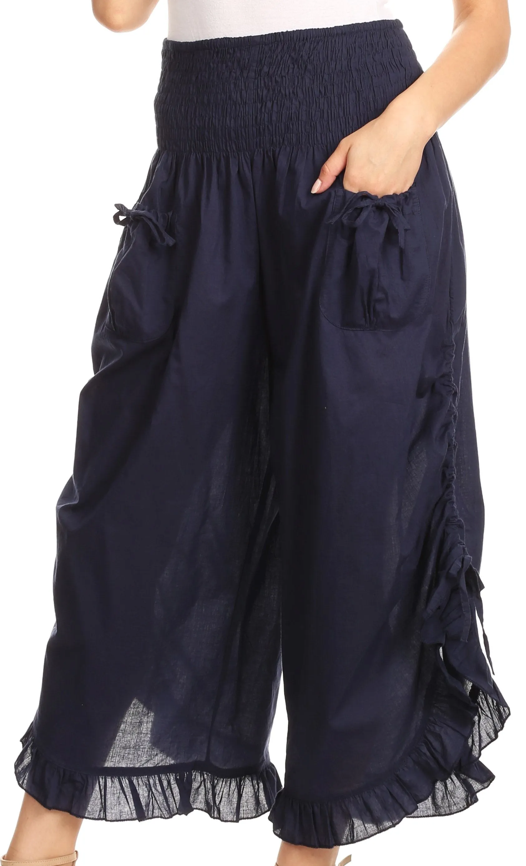 Sakkas Loore Womens Wide Leg Gaucho Pants Cotton with Pockets and Smock Waist