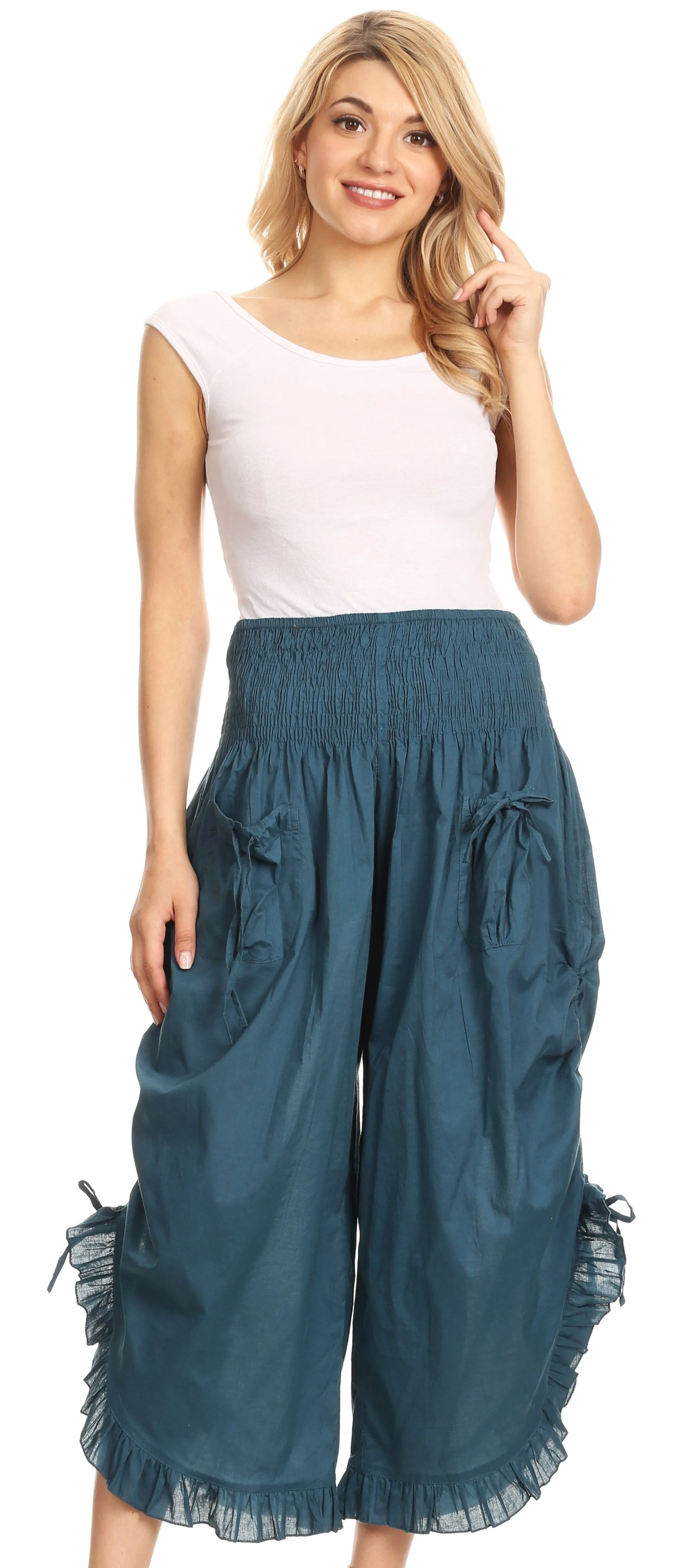 Sakkas Loore Womens Wide Leg Gaucho Pants Cotton with Pockets and Smock Waist