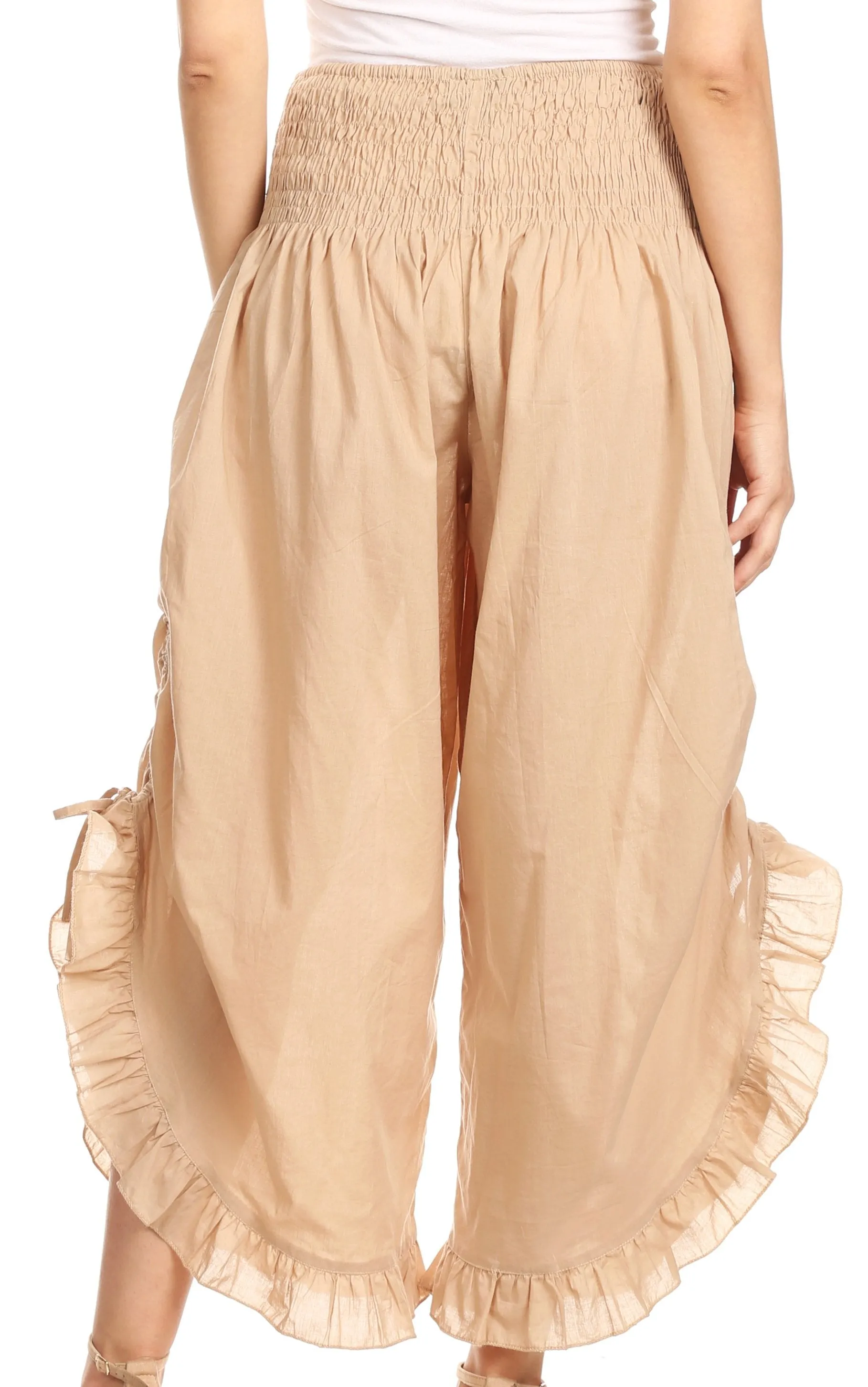 Sakkas Loore Womens Wide Leg Gaucho Pants Cotton with Pockets and Smock Waist