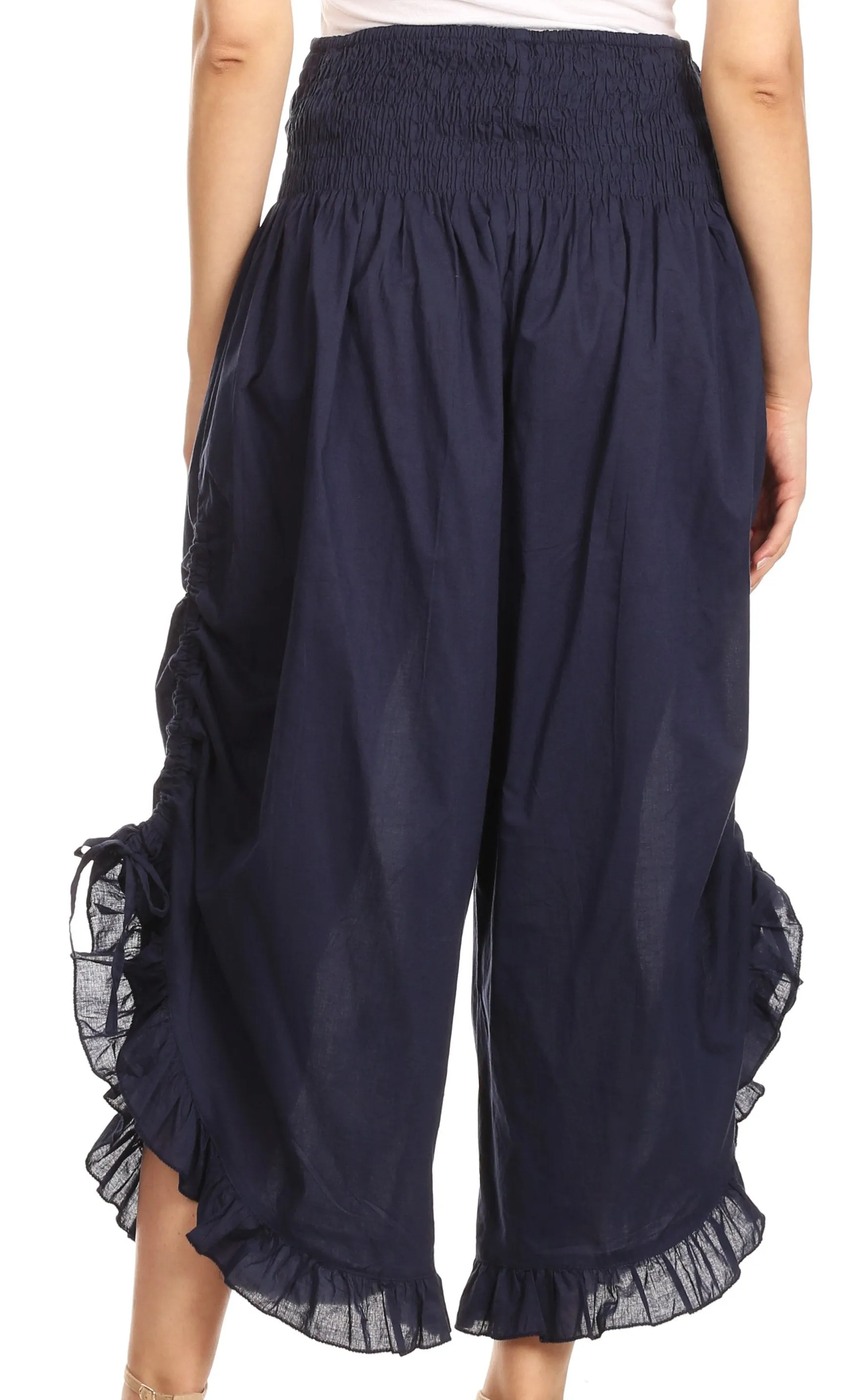 Sakkas Loore Womens Wide Leg Gaucho Pants Cotton with Pockets and Smock Waist