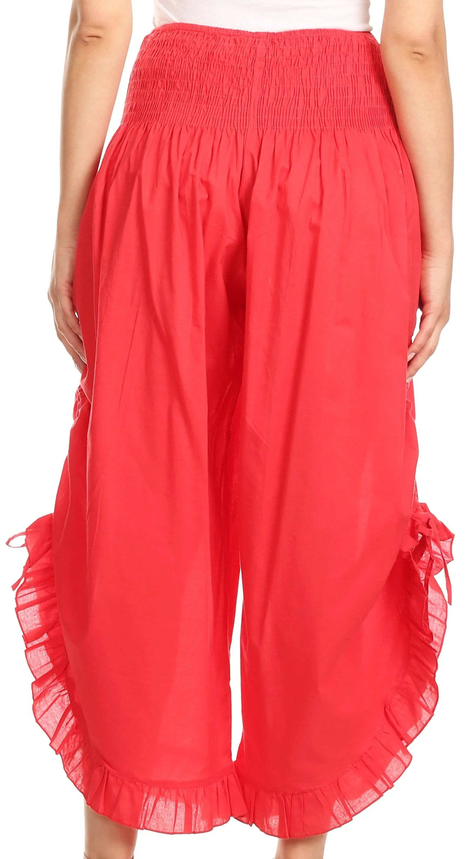 Sakkas Loore Womens Wide Leg Gaucho Pants Cotton with Pockets and Smock Waist