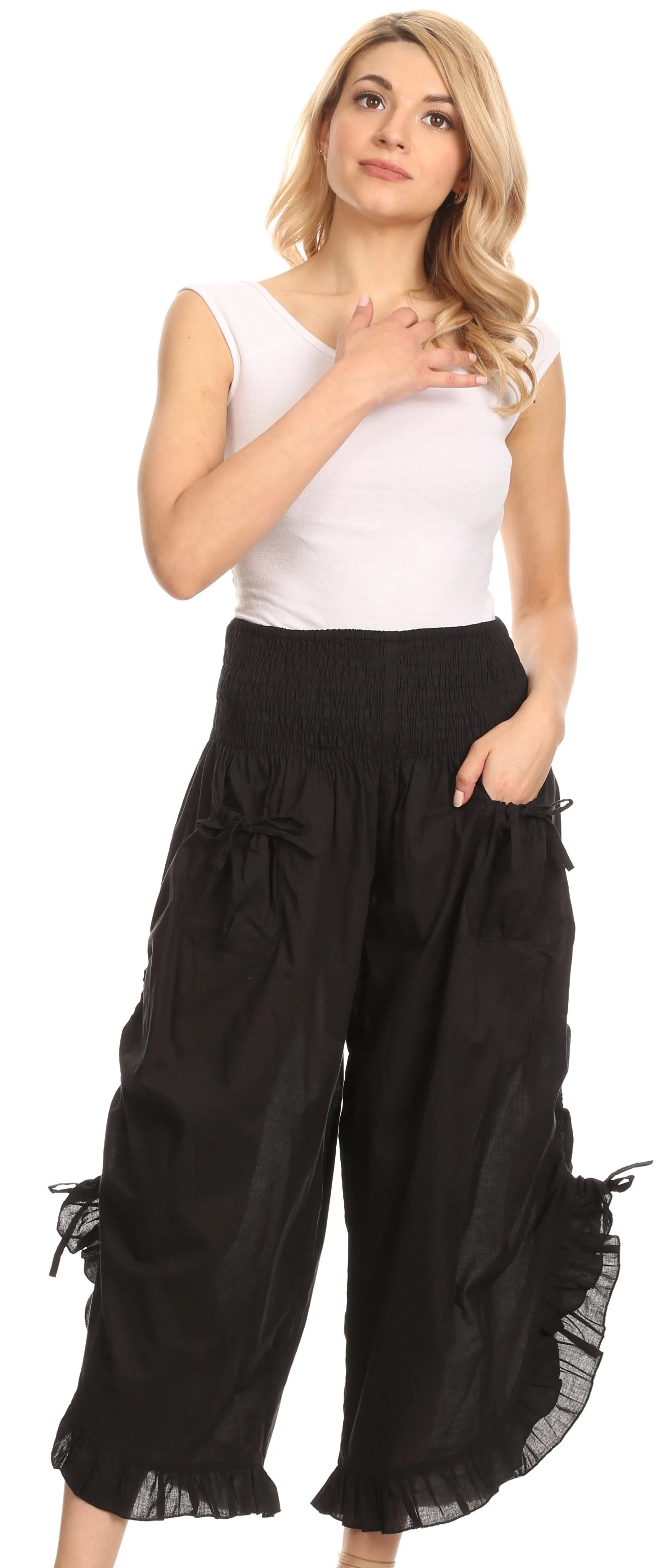 Sakkas Loore Womens Wide Leg Gaucho Pants Cotton with Pockets and Smock Waist