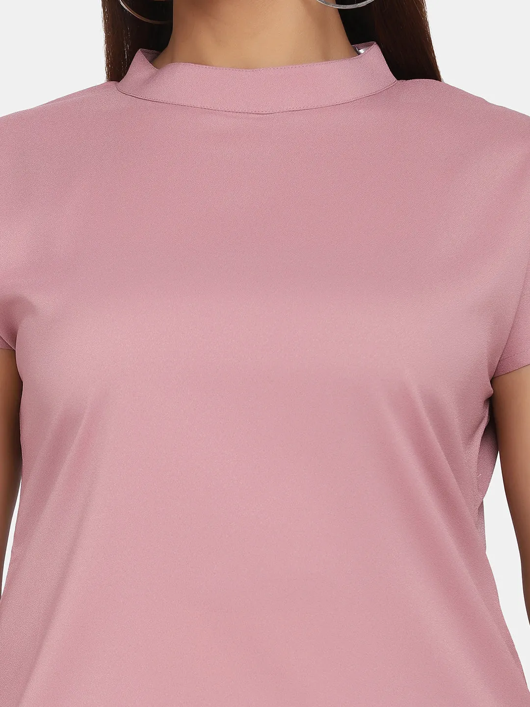 Short Sleeve High Neck Stretch Top for Women- Blush Pink