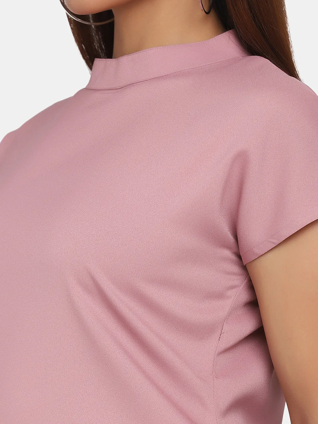 Short Sleeve High Neck Stretch Top for Women- Blush Pink