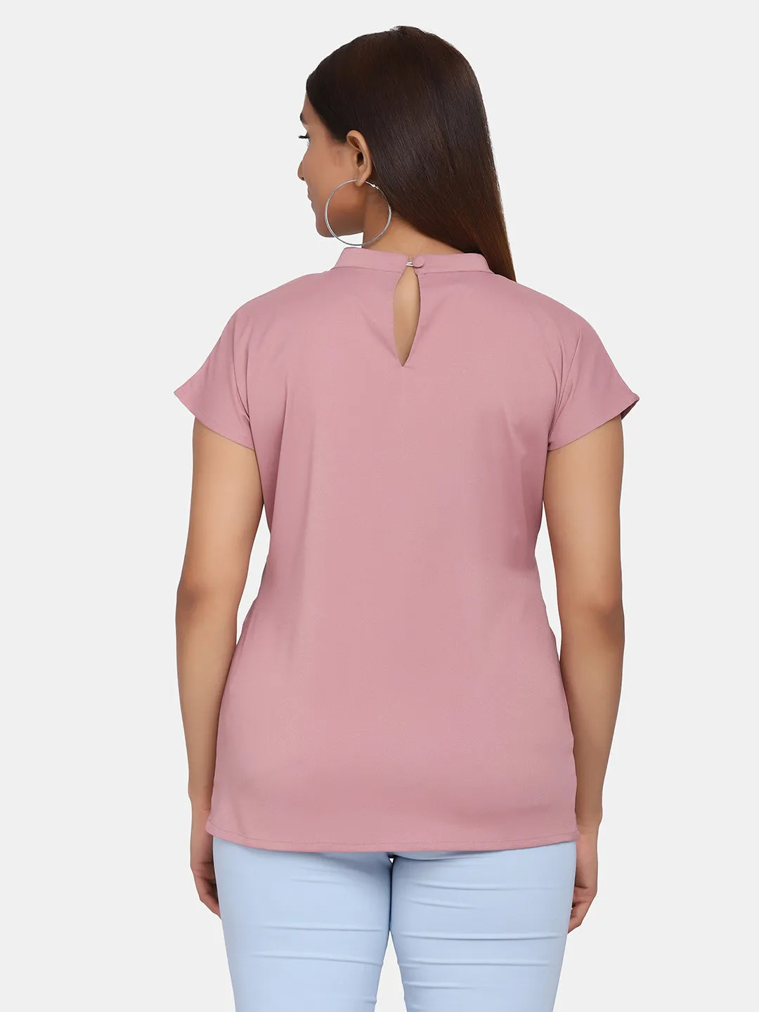 Short Sleeve High Neck Stretch Top for Women- Blush Pink