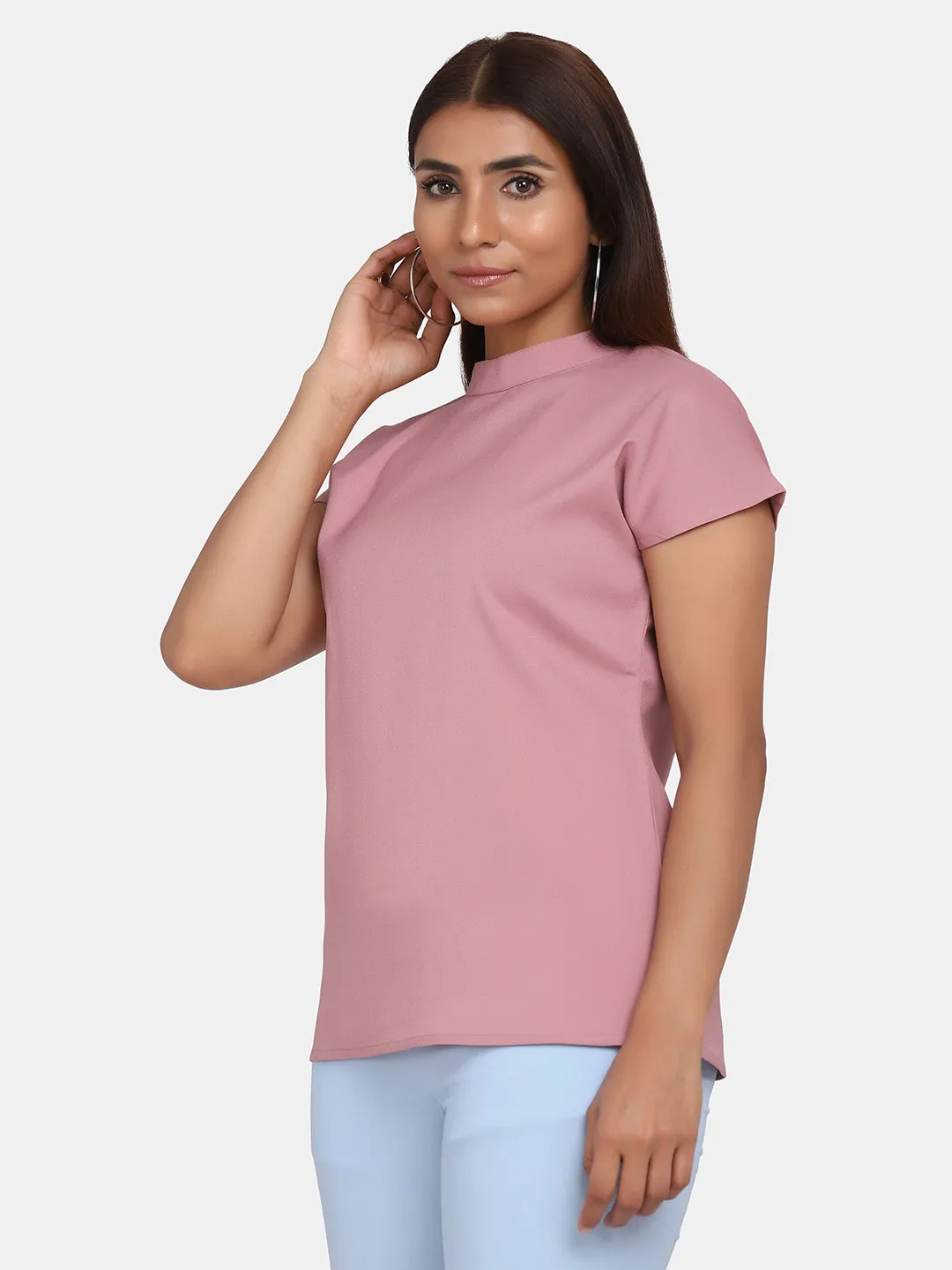 Short Sleeve High Neck Stretch Top for Women- Blush Pink