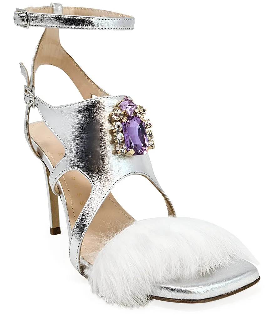 Silver Leather Open Toe Feather Pump