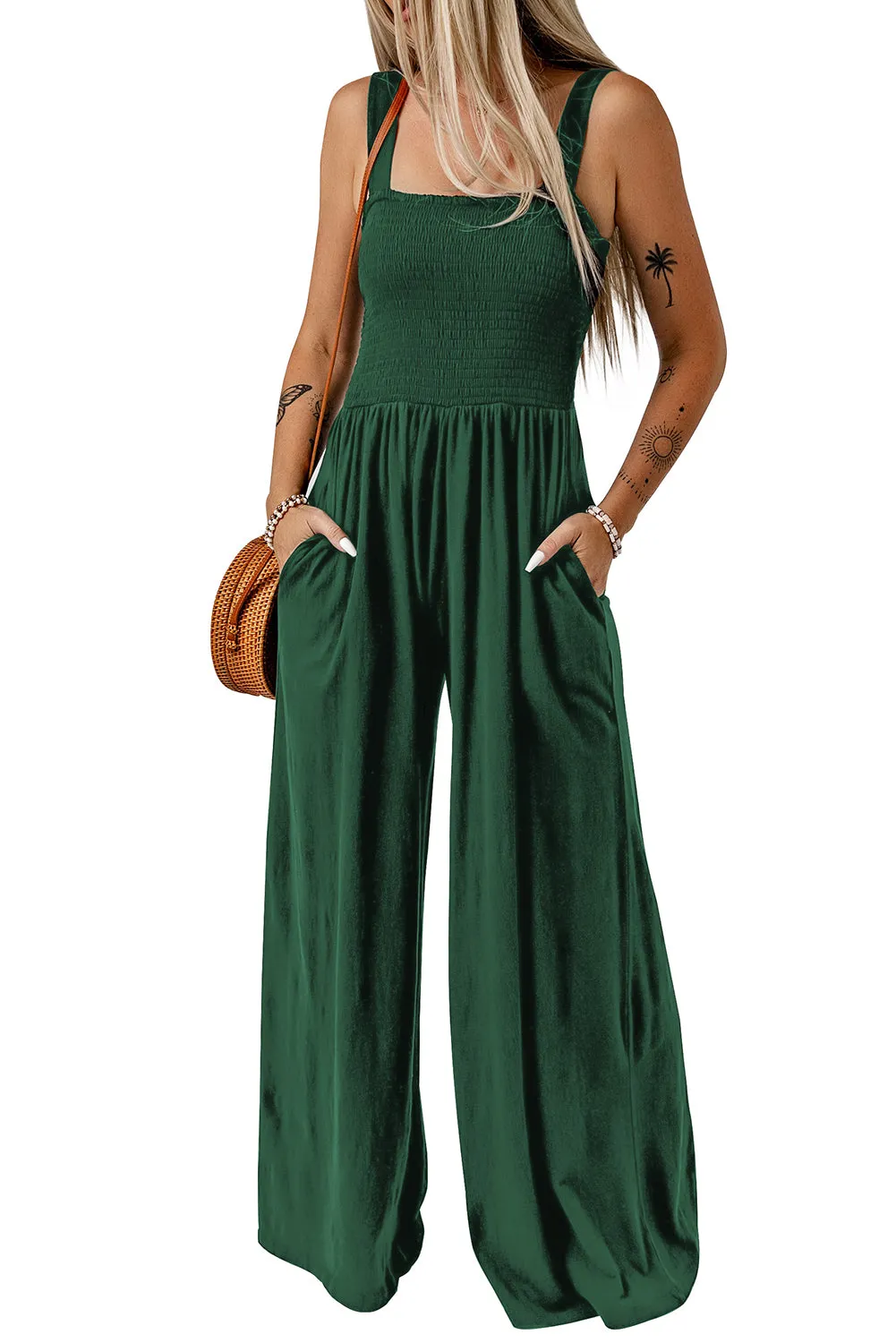 Smocked Pocketed Wide Leg Jumpsuit