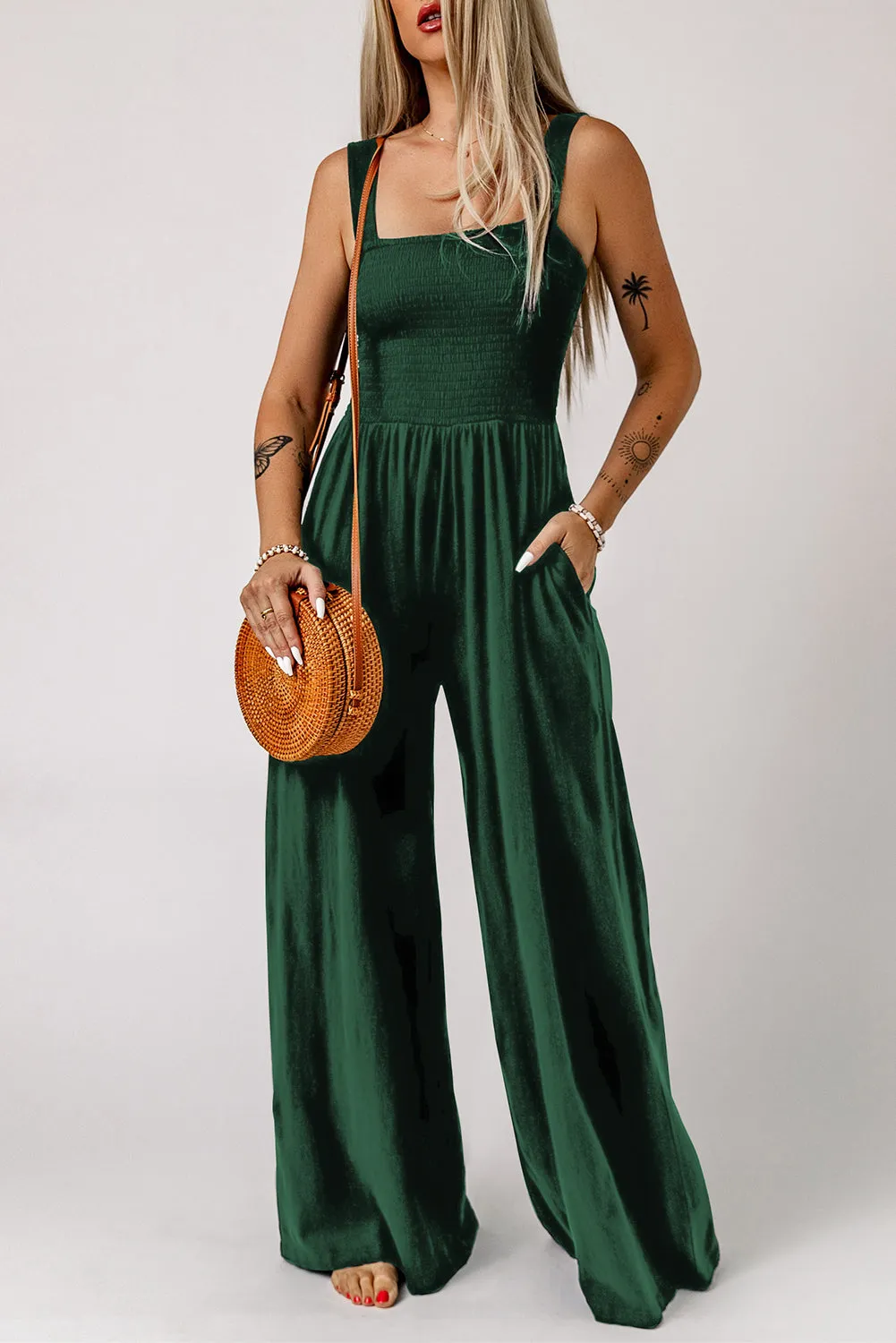 Smocked Pocketed Wide Leg Jumpsuit