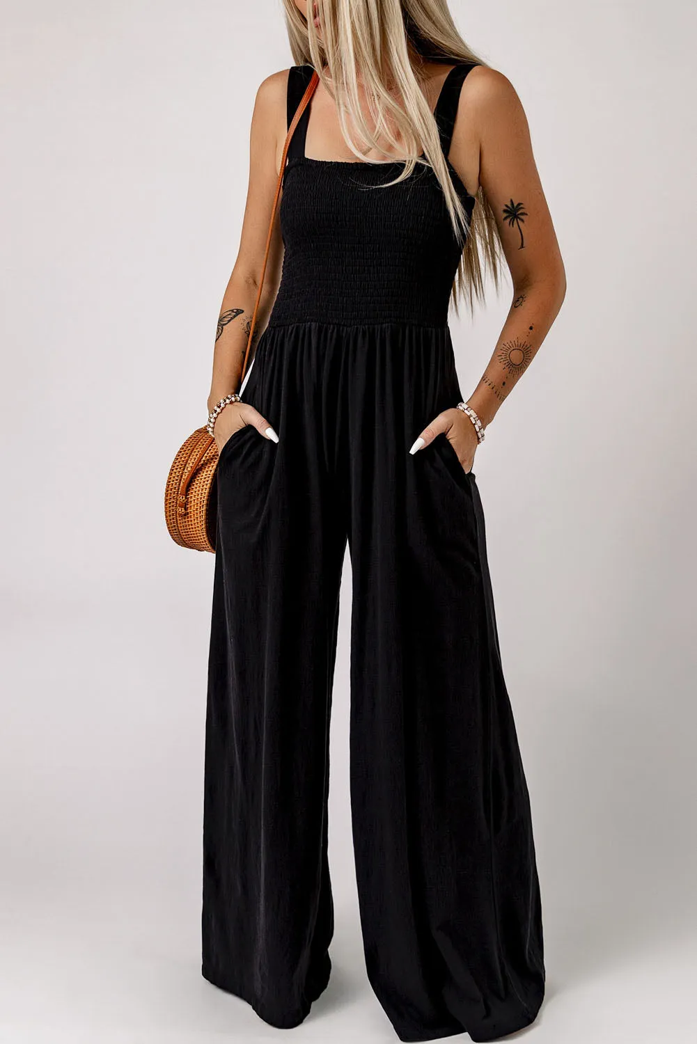 Smocked Pocketed Wide Leg Jumpsuit