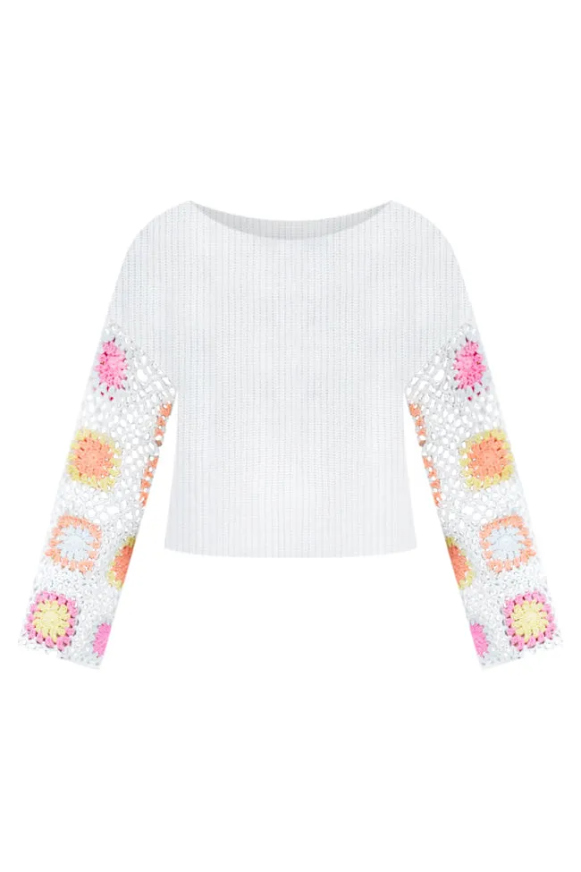 Something To Tell Ivory Bright Multi Crochet Sleeve Sweater  FINAL SALE