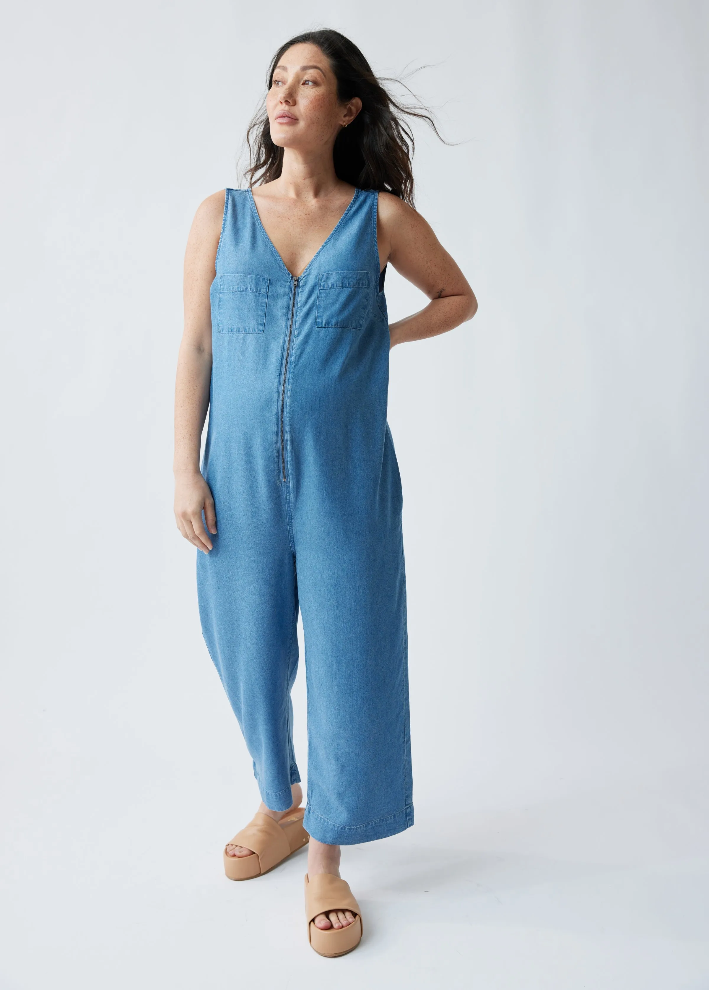 The Zip & Relax Maternity   Nursing Chambray Jumpsuit