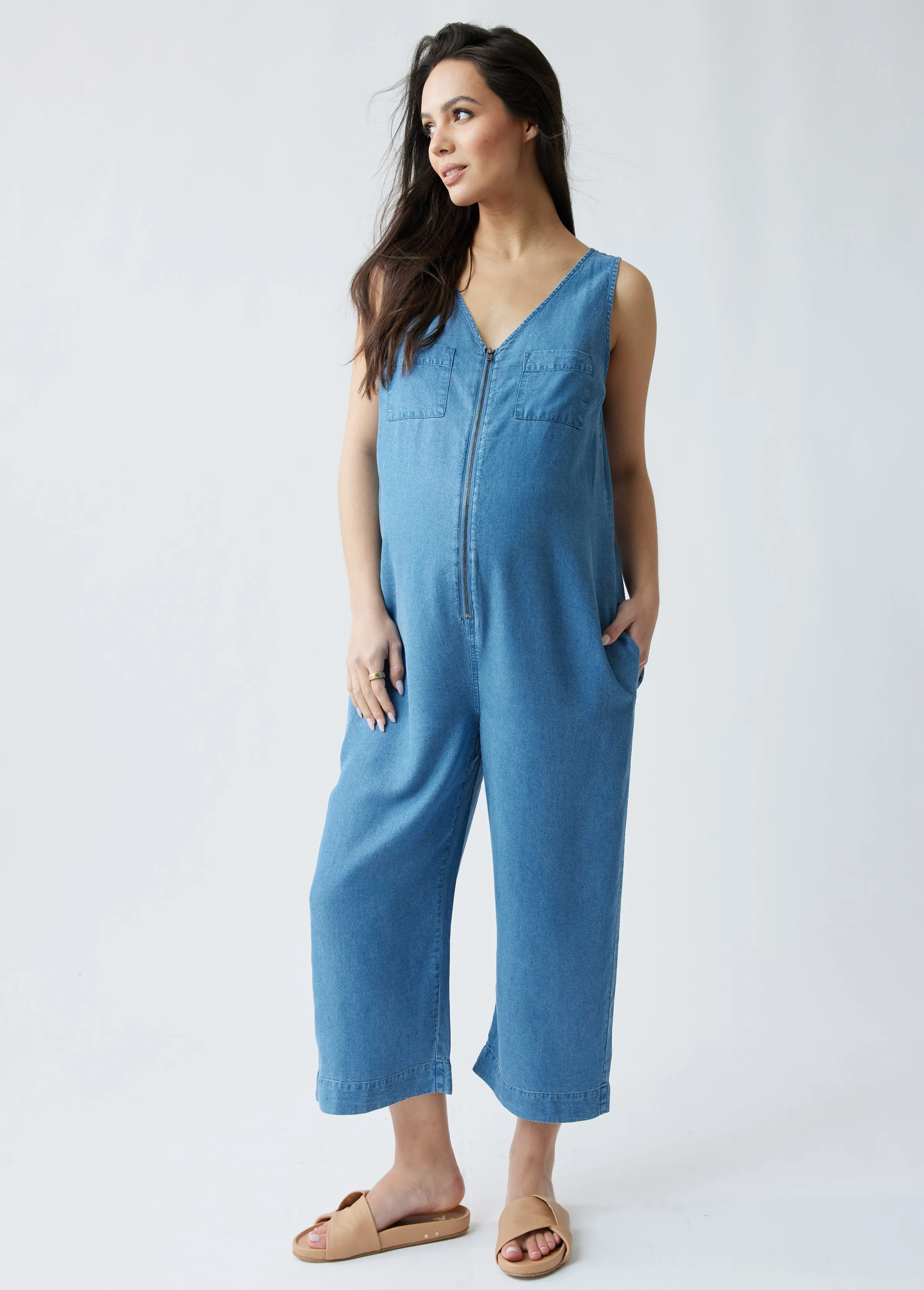 The Zip & Relax Maternity   Nursing Chambray Jumpsuit