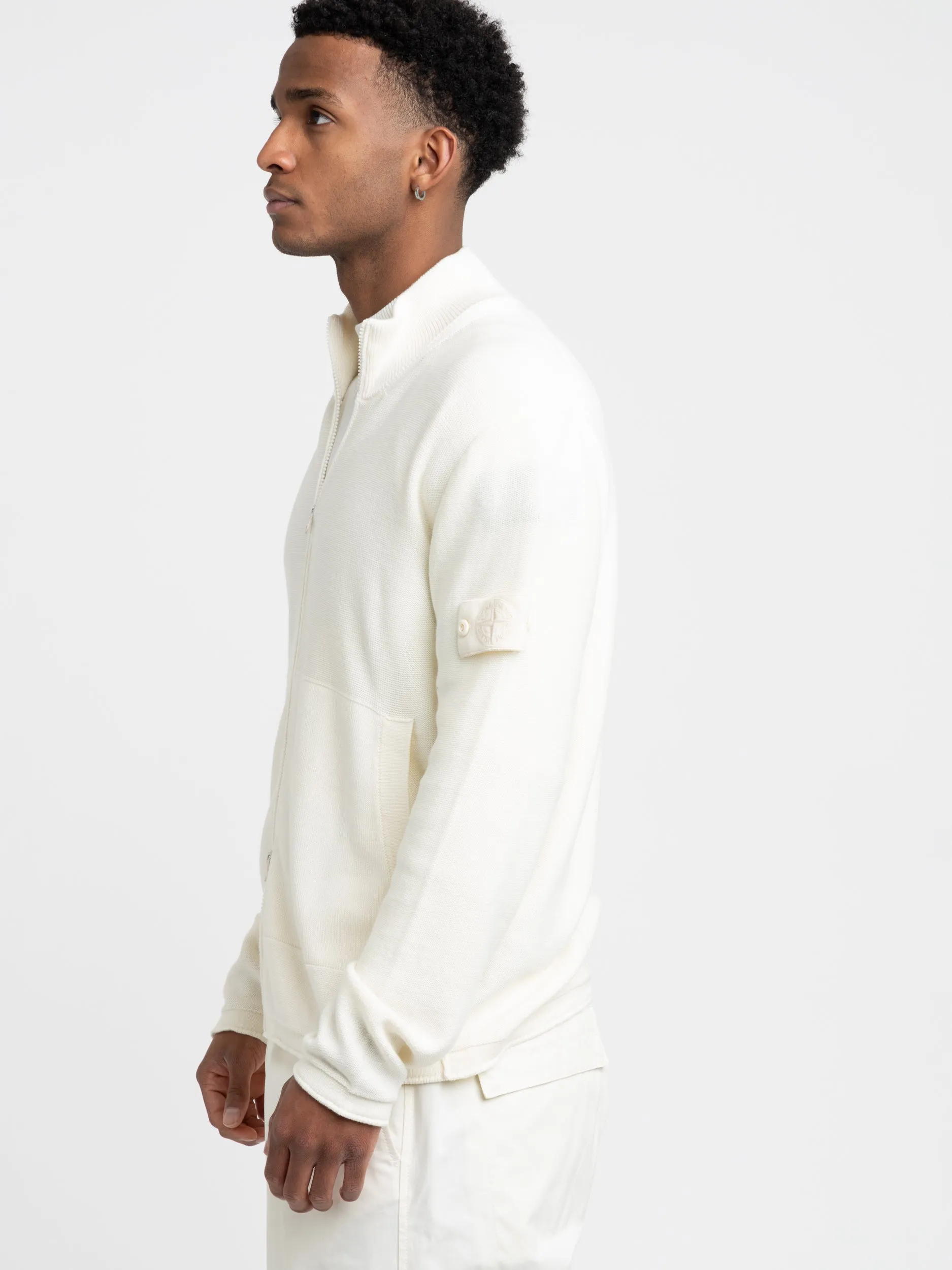 White Cotton-Cashmere Ribbed Full Zip Sweater