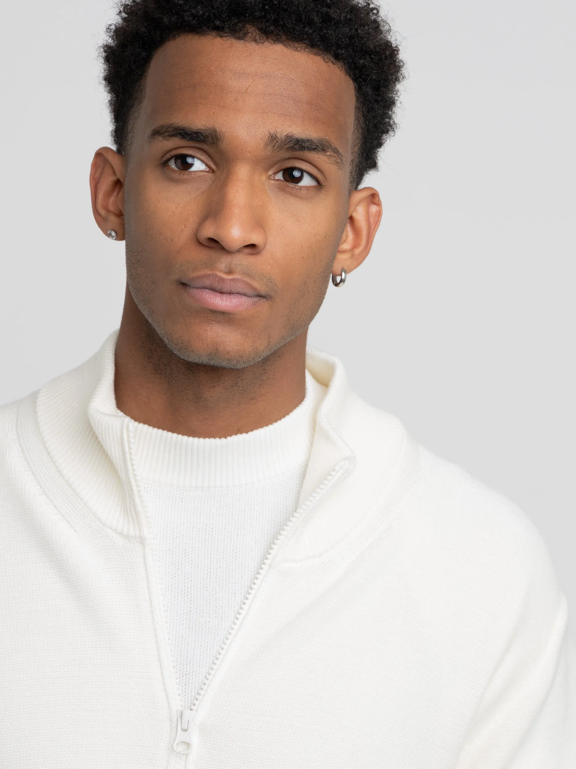 White Cotton-Cashmere Ribbed Full Zip Sweater