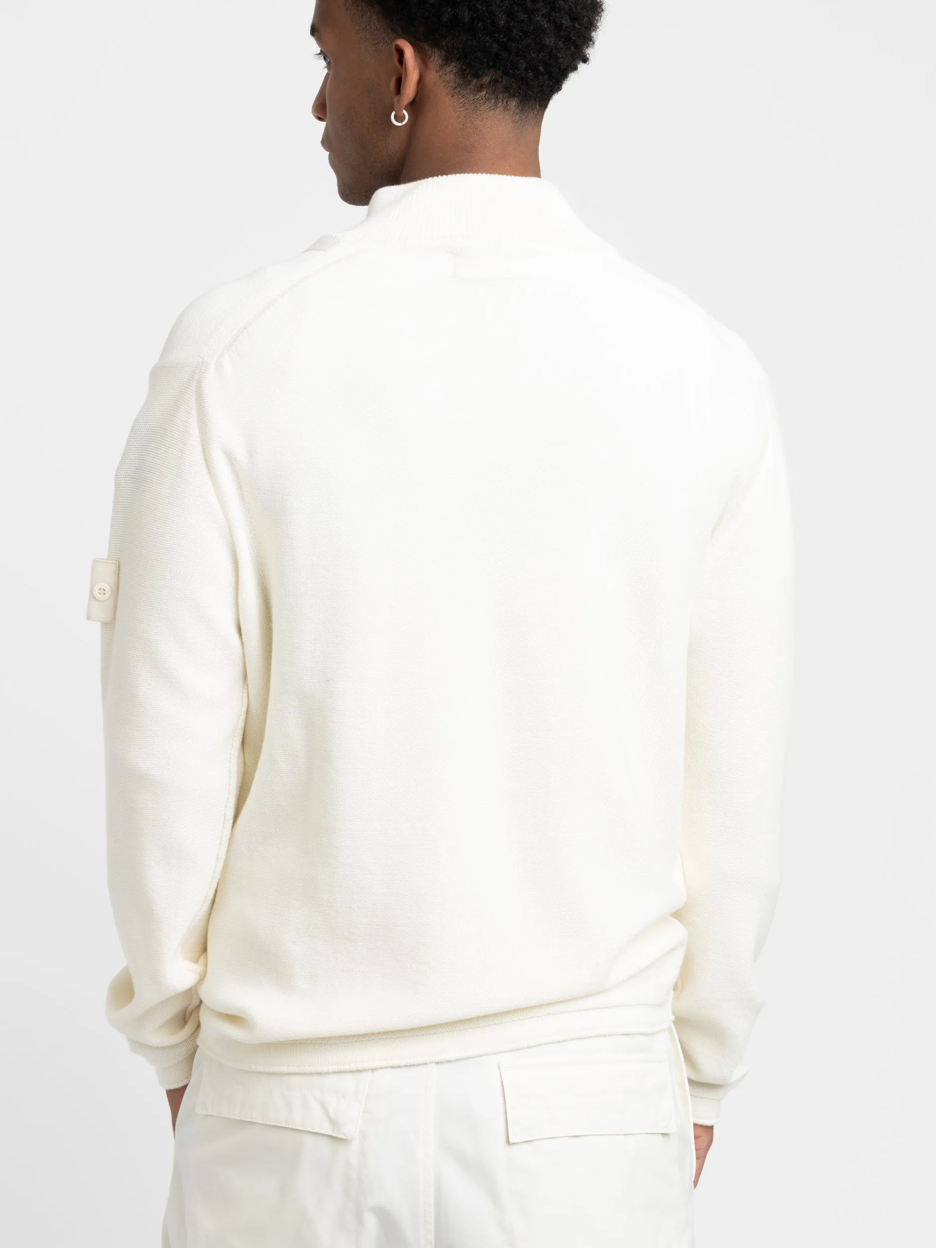 White Cotton-Cashmere Ribbed Full Zip Sweater