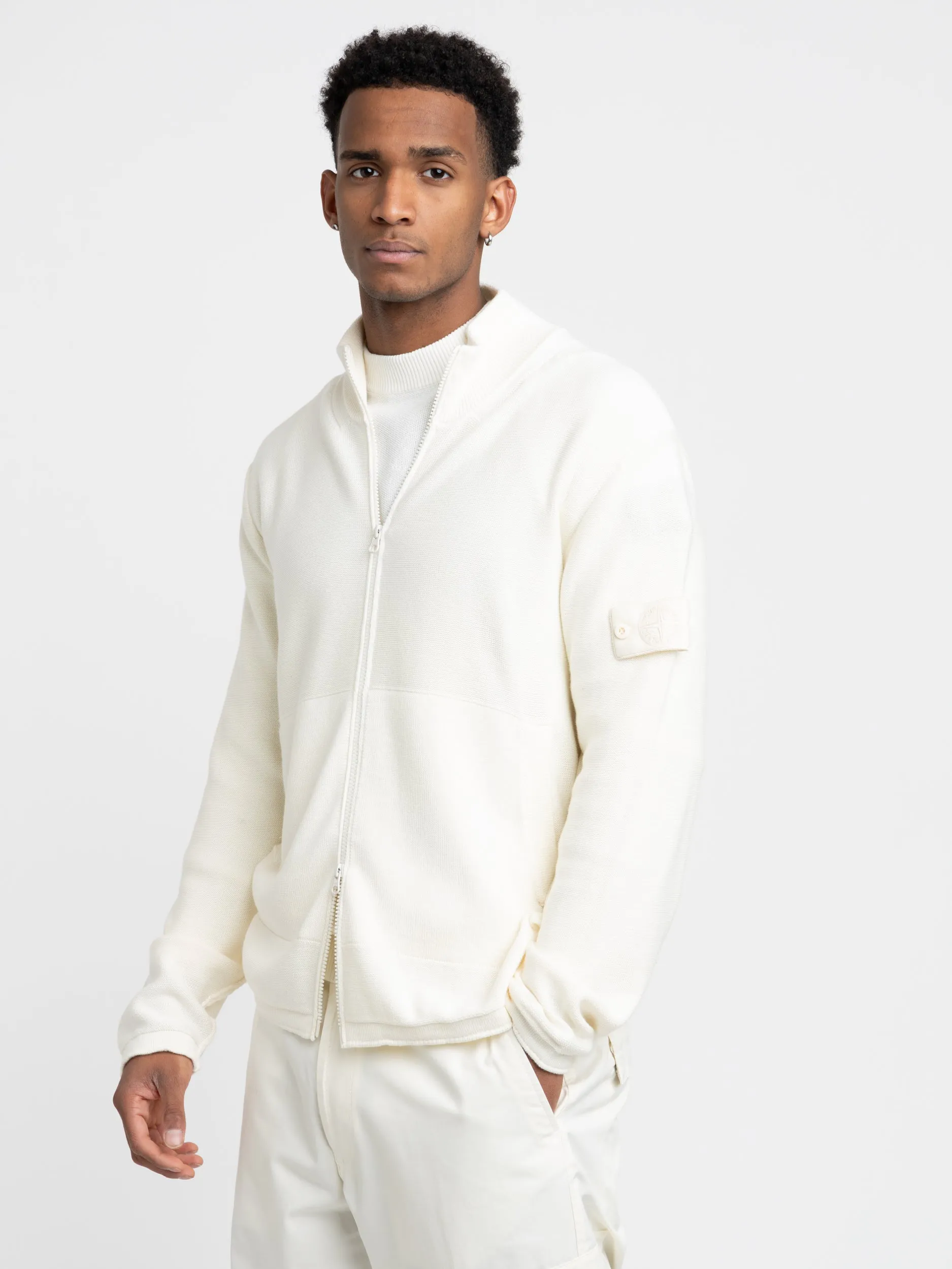 White Cotton-Cashmere Ribbed Full Zip Sweater