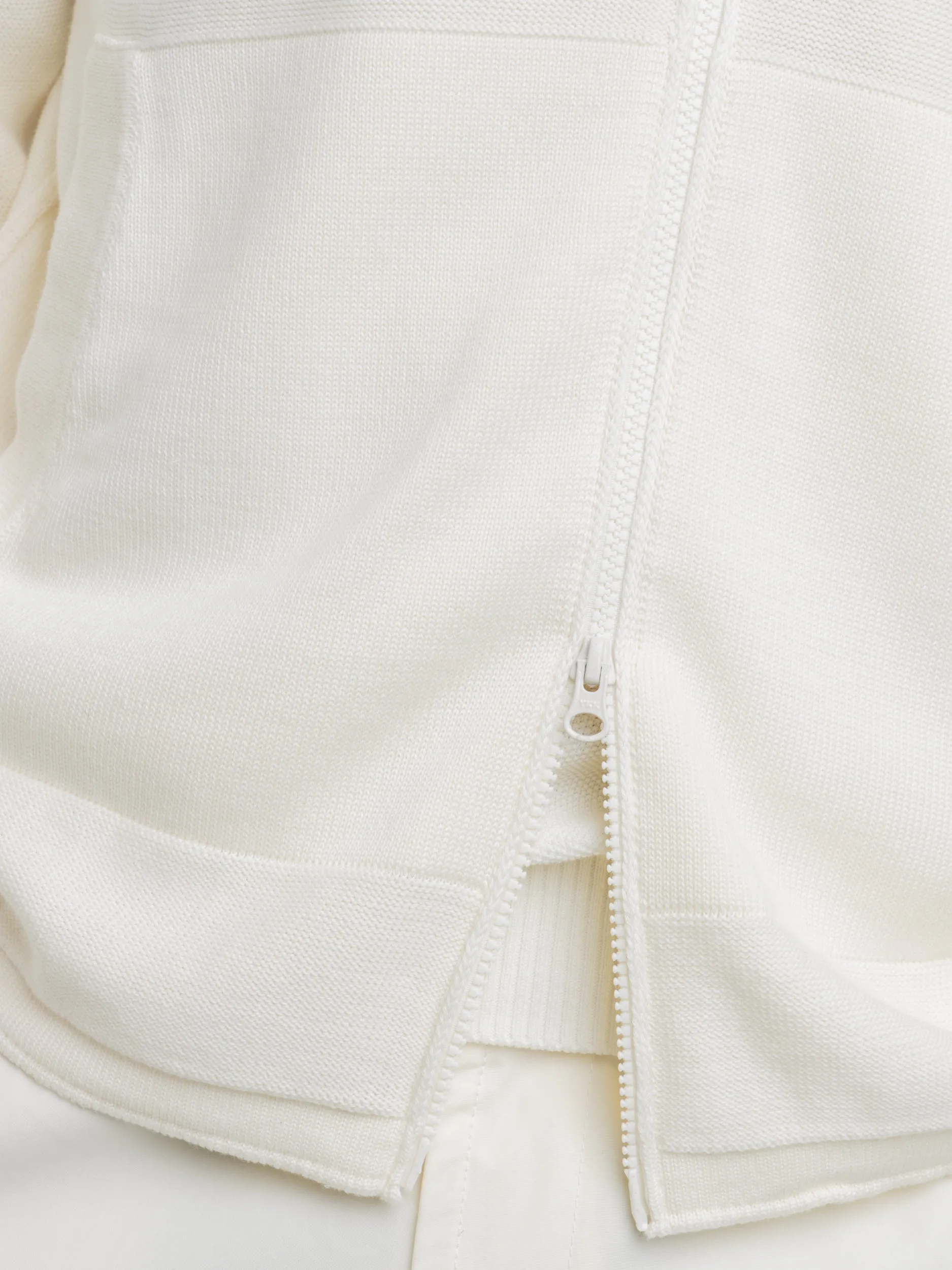 White Cotton-Cashmere Ribbed Full Zip Sweater