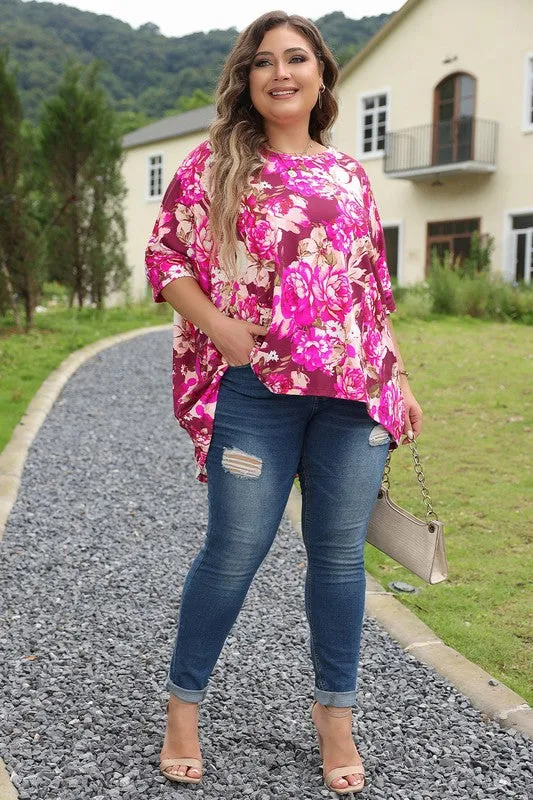 Women Floral Print Short Sleeve Plus Size Blouse