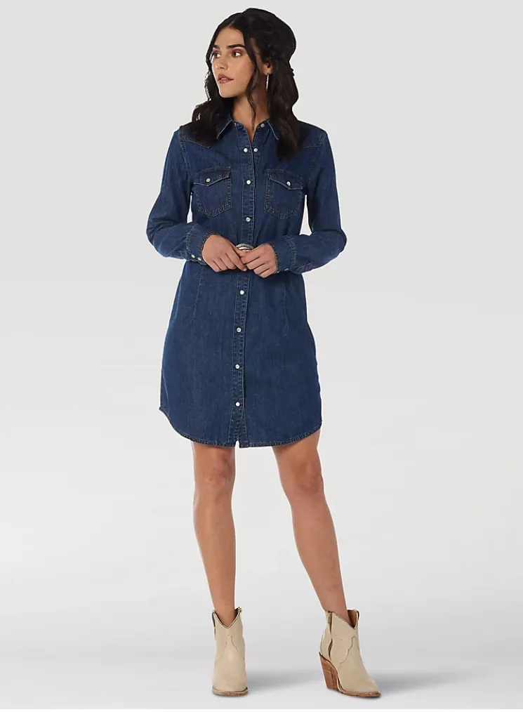 WRANGLER WOMENS LONG SLEEVE WESTERN SNAP DENIM DRESS IN DARK DENIM STYLE LWD709D